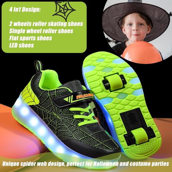 Kids Black/green Usb Chargeable Led Light Up Wheeled Skate Sneaker Shoes - Picture 5 of 6